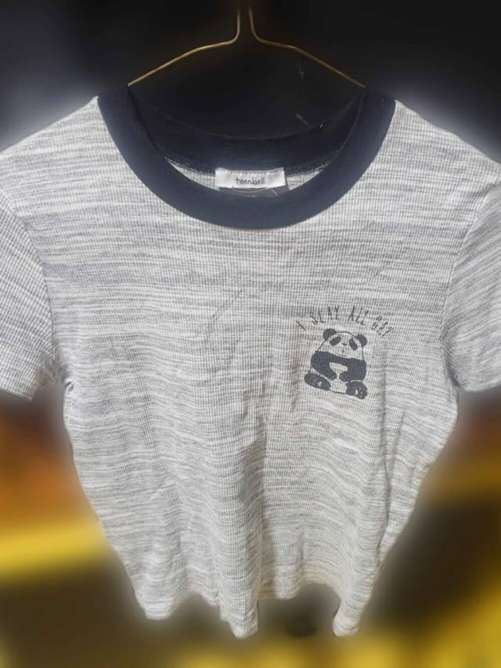 Teenbell Panda Crop Top Size Medium Slay All Day Graphic Ribbed Grey Shirt